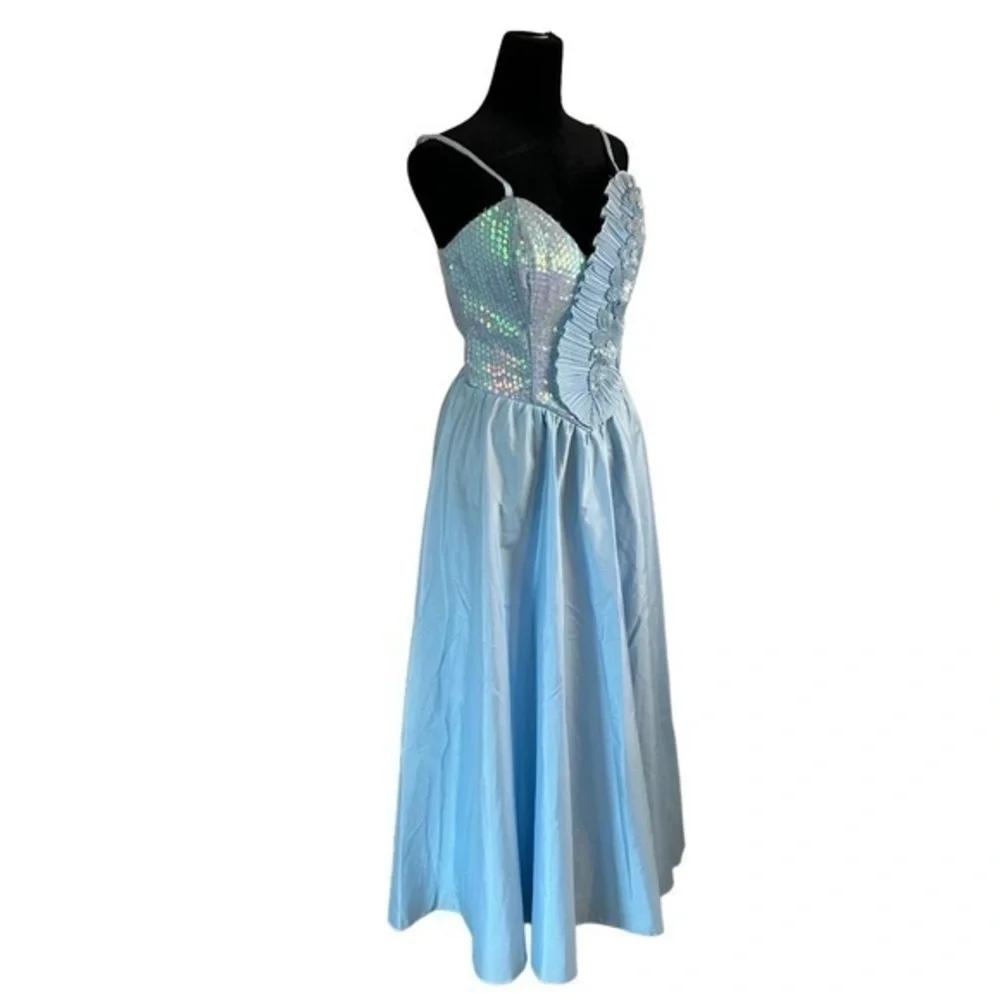 Alyce Designs 70s Vintage Sequin Blue Gown Sweetheart Neckline Tulle Lined - Picture 3 of 12